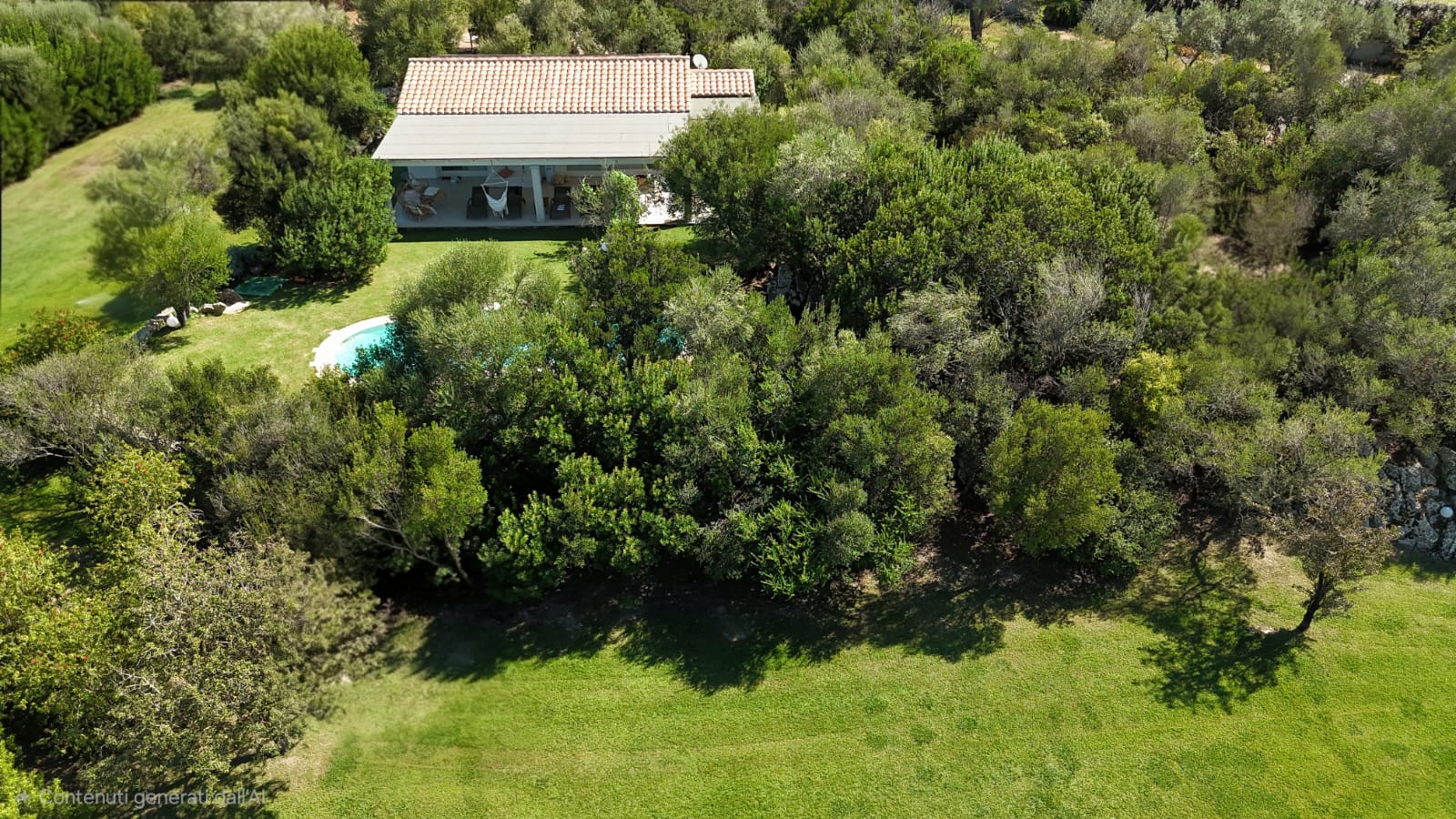 Vista dall'alto: la villa e la piscina immerse negli olivi e nella macchia mediterranea